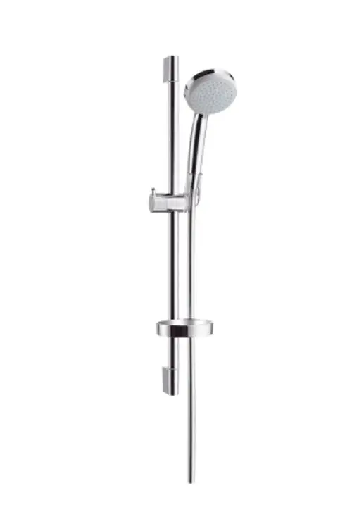 Hansgrohe Duschset mit verchromter Brausestange, anpassbarem Duschkopf und integrierter Seifenschale. Ideal für die Montage in Badezimmern.